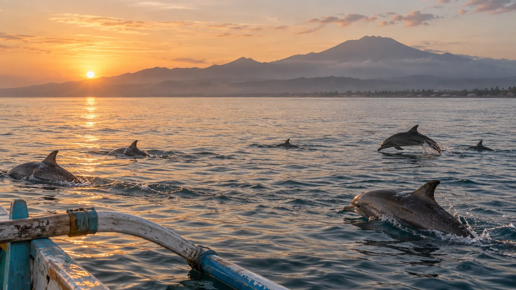 A pod of dolphins surfacing beside a traditional boat at sunrise in Lovina
